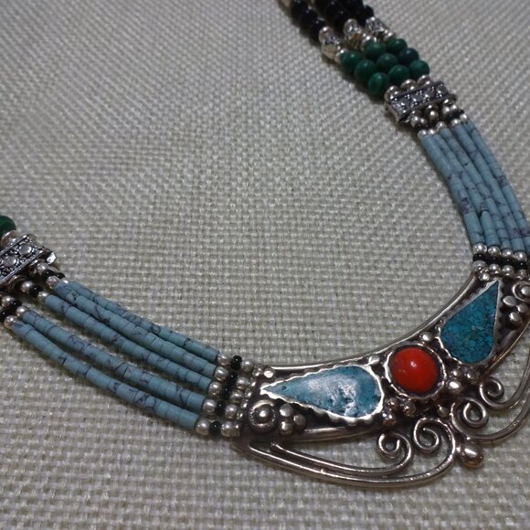 Tribal TURQUOISE, RED CORAL & BLACK BEADS Handmade Sterling 925 Necklace #560C - Picture 1 of 4